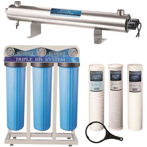  BLUONICS 110W Well Water Whole House Filtration Purifier System UV Ultraviolet Light + Sediment & Carbon with NPT 1 Ports 24 GPM UV Sterilizer with 3 Housing Size 4.5 x 20 Filters