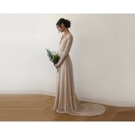 /BLUSHFASHION Champagne Wrap Floral Lace Long Sleeve Dress with a Train 1151