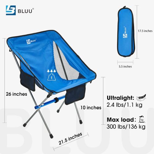  BLUU Ultralight Folding Camping Chairs, Compact Lightweight Backpacking Chair with Aluminum Frame, 300 lbs for Adult Outdoor Travel & Hiking(Black)