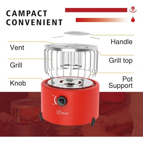  BLUU Scorch 2 in 1 Camping Outdoor Propane Heater & Stove, Gas Stove Camp Garage Tent Hunting Blind Heater for Ice Fishing Backpacking Hiking Hunting Survival Emergency (Red)