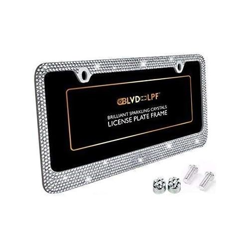  BLVD-LPF OBEY YOUR LUXURY Popular Bling 7 Row White/Clear Color Crystal Metal Chrome License Plate Frame with Crystal Screw Caps - 1 Frame