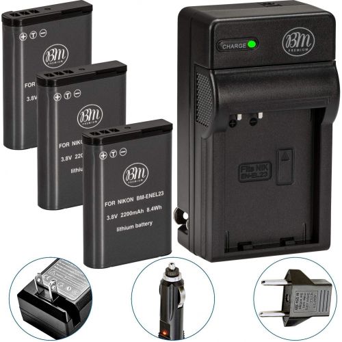 Pack of 3 BM Premium EN-EL23 Batteries and Battery Charger for Nikon Coolpix B700, P900, P600, P610, S810c Digital Camera