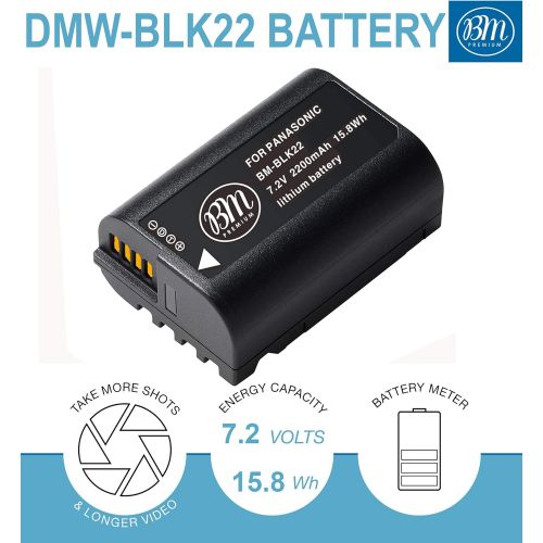  BM Premium 2 Pack of DMW-BLK22 High Capacity Battery and Battery Charger for Panasonic Lumix DC-S5, GH5 II Digital Cameras