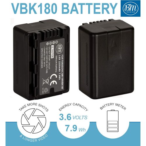  BM Premium 2 Pack VW-VBK180 Batteries and Charger for Panasonic HC-V10 HC-V100 HC-V500 HC-V600M HC-V700 HDC-HS40 HS40K HS60 HS60K HS80 HS80K Camcorder