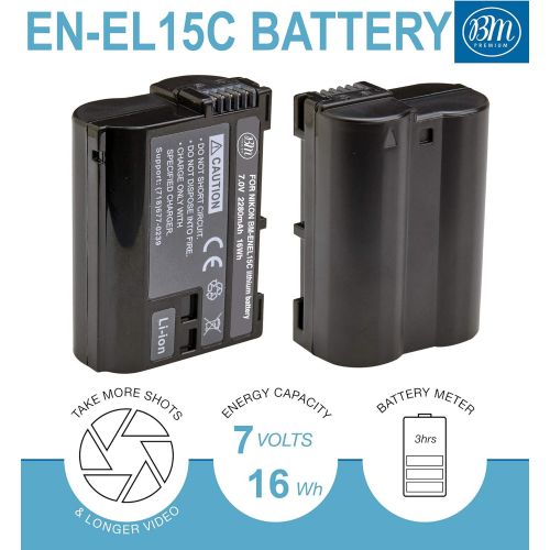  BM Premium 2 Pack of EN-EL15C High Capacity Batteries and Dual Bay Battery Charger for Nikon Z5, Z6, Z6 II, Z7, Z7II D780, D850, D7500, D500, D600, D610, D750, D800, D800E, D810, D