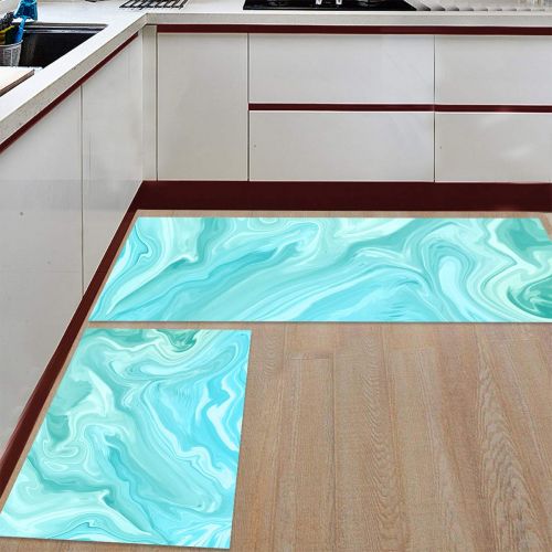  BMALL Kitchen Rug Mat Set of 2 Piece Cyan Marble Inside Outside Entrance Rugs Runner Rug Home Decor 19.7x31.5in+19.7x47.2in