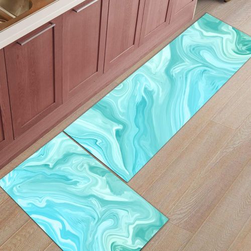  BMALL Kitchen Rug Mat Set of 2 Piece Cyan Marble Inside Outside Entrance Rugs Runner Rug Home Decor 19.7x31.5in+19.7x47.2in