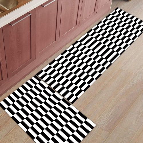  BMALL Kitchen Rug Mat Set of 2 Piece Black White Classic Lattice Square Checkerboard Inside Outside Entrance Rugs Runner Rug Home Decor 15.7x23.6in+15.7x47.2in