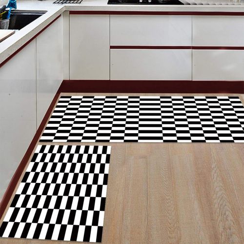  BMALL Kitchen Rug Mat Set of 2 Piece Black White Classic Lattice Square Checkerboard Inside Outside Entrance Rugs Runner Rug Home Decor 15.7x23.6in+15.7x47.2in