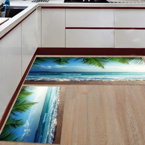  BMALL Kitchen Rug Mat Set of 2 Piece Beach Seaside Scene Inside Outside Entrance Rugs Runner Rug Home Decor 15.7x23.6in+15.7x47.2in