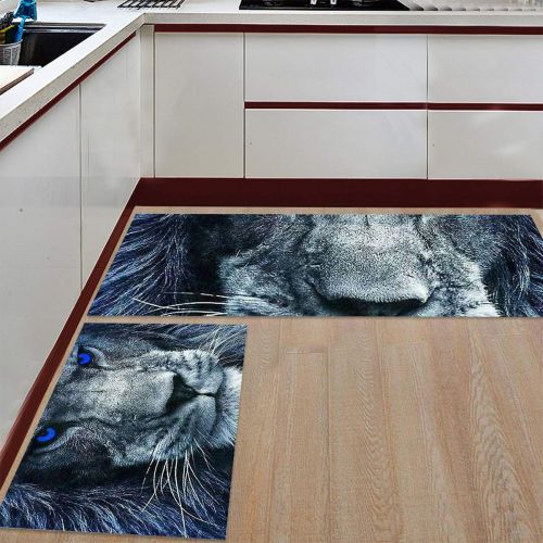  BMALL Kitchen Rug Mat Set of 2 Piece Blue Eyes Lion Head Inside Outside Entrance Rugs Runner Rug Home Decor 23.6x35.4in+23.6x70.9in