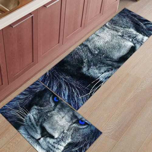  BMALL Kitchen Rug Mat Set of 2 Piece Blue Eyes Lion Head Inside Outside Entrance Rugs Runner Rug Home Decor 23.6x35.4in+23.6x70.9in