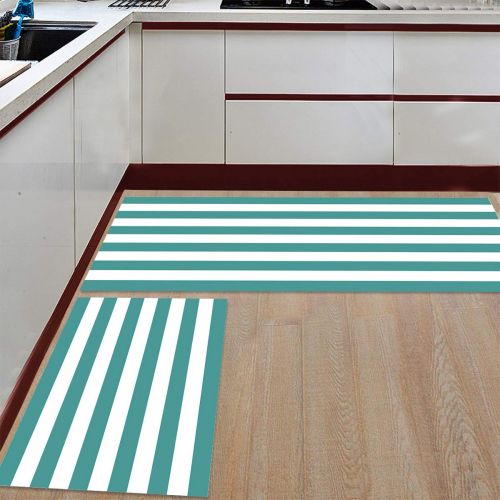  BMALL Kitchen Rug Mat Set of 2 Piece Teal Green and White Stripe Inside Outside Entrance Rugs Runner Rug Home Decor 19.7x31.5in+19.7x47.2in