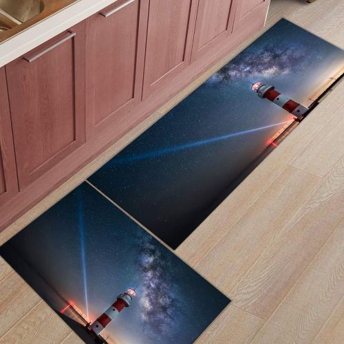  BMALL Kitchen Rug Mat Set of 2 Piece Galaxy Starry Sky with Lighthouse Night Scenic View Inside Outside Entrance Rugs Runner Rug Home Decor 15.7x23.6in+15.7x47.2in