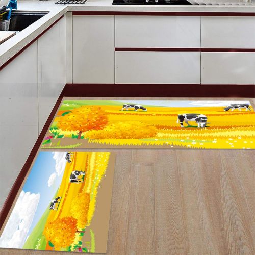  BMALL Kitchen Rug Mat Set of 2 Piece Autumn Farmland Harvest Scenery Golden Field Cow Blue Sky White Clouds Inside Outside Entrance Rugs Runner Rug Home Decor 23.6x35.4in+23.6x70.9