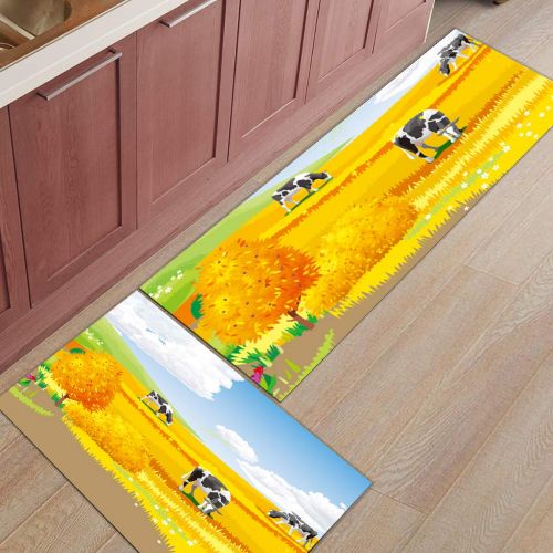  BMALL Kitchen Rug Mat Set of 2 Piece Autumn Farmland Harvest Scenery Golden Field Cow Blue Sky White Clouds Inside Outside Entrance Rugs Runner Rug Home Decor 23.6x35.4in+23.6x70.9
