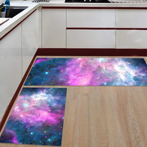  BMALL Kitchen Rug Mat Set of 2 Piece Milky Way Themed Galaxy Stars Field Print Inside Outside Entrance Rugs Runner Rug Home Decor 15.7x23.6in+15.7x47.2in