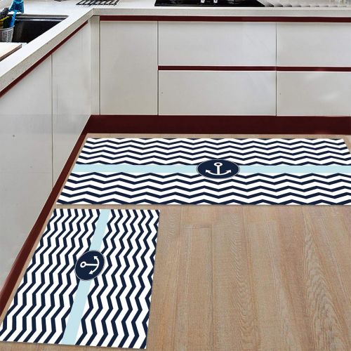  BMALL Kitchen Rug Mat Set of 2 Piece Navy Blue and White Chevron with Nautical Anchor Pattern Inside Outside Entrance Rugs Runner Rug Home Decor 15.7x23.6in+15.7x47.2in