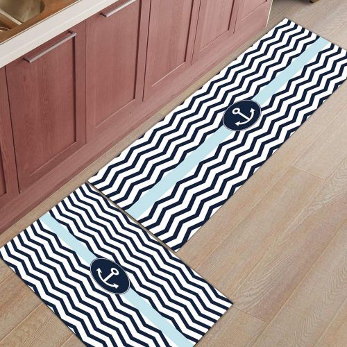  BMALL Kitchen Rug Mat Set of 2 Piece Navy Blue and White Chevron with Nautical Anchor Pattern Inside Outside Entrance Rugs Runner Rug Home Decor 15.7x23.6in+15.7x47.2in