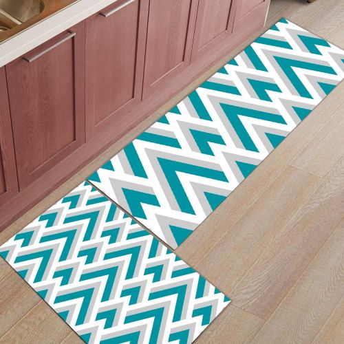  BMALL Kitchen Rug Mat Set of 2 Piece Teal Geometrically Pattern Inside Outside Entrance Rugs Runner Rug Home Decor 15.7x23.6in+15.7x47.2in