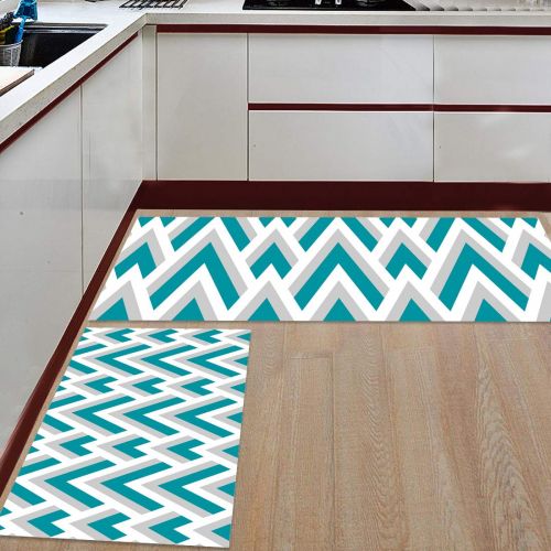  BMALL Kitchen Rug Mat Set of 2 Piece Teal Geometrically Pattern Inside Outside Entrance Rugs Runner Rug Home Decor 15.7x23.6in+15.7x47.2in