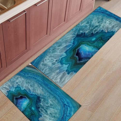  BMALL Kitchen Rug Mat Set of 2 Piece Blue Crystal Agate Inside Outside Entrance Rugs Runner Rug Home Decor 19.7x31.5in+19.7x47.2in