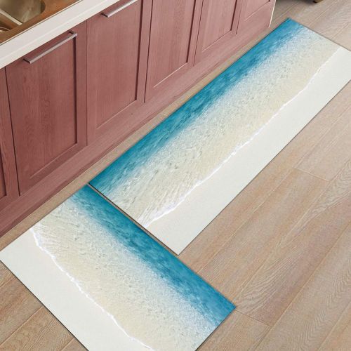  BMALL Kitchen Rug Mat Set of 2 Piece Blue Beach Seaside Scenery Inside Outside Entrance Rugs Runner Rug Home Decor 15.7x23.6in+15.7x47.2in