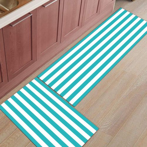  BMALL Kitchen Rug Mat Set of 2 Piece Turquoise and White Stripe Inside Outside Entrance Rugs Runner Rug Home Decor 23.6x35.4in+23.6x70.9in