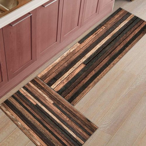  BMALL Kitchen Rug Mat Set of 2 Piece Brown Old Hardwood Floor Plank Natural Rural Graphic Artsy Print Inside Outside Entrance Rugs Runner Rug Home Decor 23.6x35.4in+23.6x70.9in