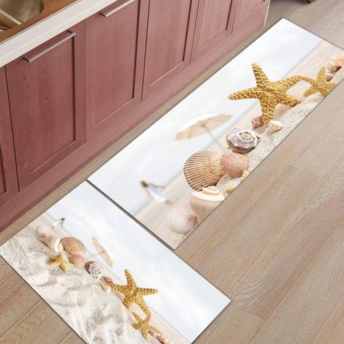  BMALL Kitchen Rug Mat Set of 2 Piece Starfish Beach Conch Seashell Ankle Shell Inside Outside Entrance Rugs Runner Rug Home Decor 19.7x31.5in+19.7x47.2in