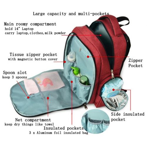  BMBag Large Multi Function Baby Diaper Backpack for Mom and Dad Waterproof Nylon Outdoor Travel Back Pack Laptop School Bag fit Stroller, Keep Warm Insulated Bottle Pocket, Diapering Pad