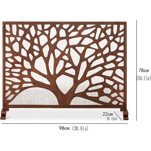  BNFD Fireplace Guard Retro Style Fireplace Screen Tree Design, Large Metal Flat Guard Baby Safe Proof Firewood Burning Stove Accessories, Reddish Brown