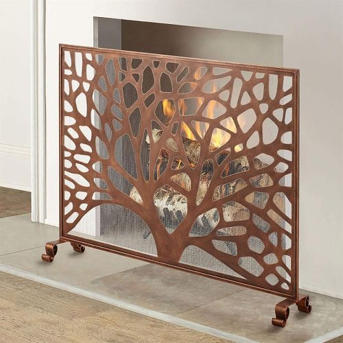  BNFD Fireplace Guard Retro Style Fireplace Screen Tree Design, Large Metal Flat Guard Baby Safe Proof Firewood Burning Stove Accessories, Reddish Brown