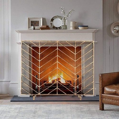  BNFD Fireplace Screen Gold Single Panel, Wrought Iron Fireplace Screen, Spark Guard Decor Fireplace Screenfor Wood Burning Stove