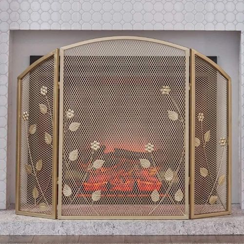  BNFD Fireplace Screen Gold Fireplace Spark Guard Fire Screen Guard, Outdoor Free Standing Wrought Iron Decor Mesh, for Wood Burning Stove