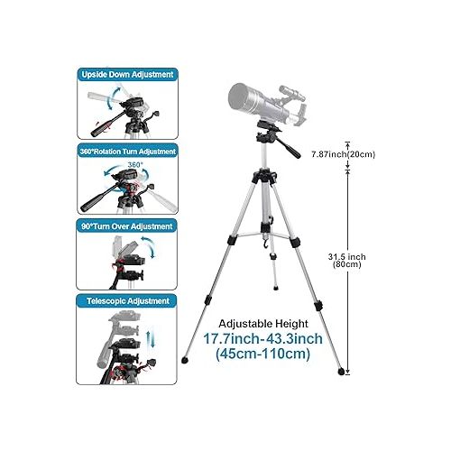  Telescope for Kids Beginners, 150X Magnification, 70mm Aperture 300mm Astronomical Refractor Telescope with Phone Adapter, Wire Shutter, Moon Filter and Carry Bag