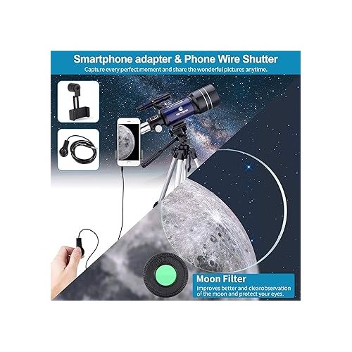  Telescope for Kids Beginners, 150X Magnification, 70mm Aperture 300mm Astronomical Refractor Telescope with Phone Adapter, Wire Shutter, Moon Filter and Carry Bag