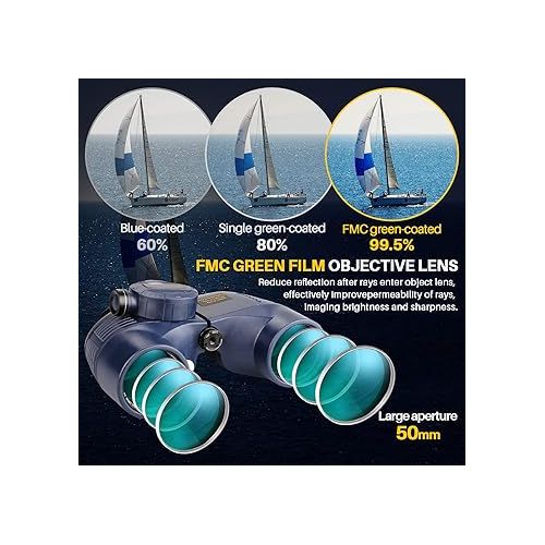  10x50 Marine Binoculars with Compass for Adults - Waterproof BAK4 Prism FMC Lens Binoculars with Rangefinder Compass and Shoulder Harness Strap for Navigation Hunting Bird Watching