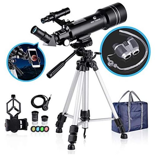  BNISE 70mm Portable Refractor Telescope & HD Binoculars, Fully Coated Glass Optics, Ideal Telescope for Kids Beginners, with Adjustable Tripod Smartphone Adapter Moon Filter and Ca