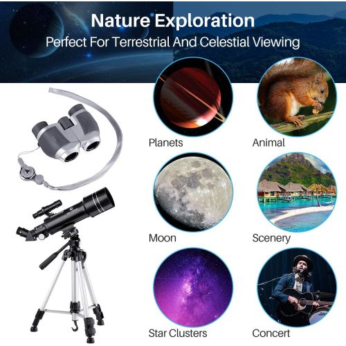  BNISE 70mm Portable Refractor Telescope & HD Binoculars, Fully Coated Glass Optics, Ideal Telescope for Kids Beginners, with Adjustable Tripod Smartphone Adapter Moon Filter and Ca