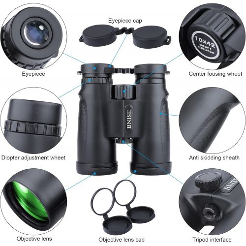  BNISE Binoculars for Adults, 10x42 HD Asika Military Telescope for Hunting and Travel - Compact Folding Size - High Clear Large Vision - Black Color