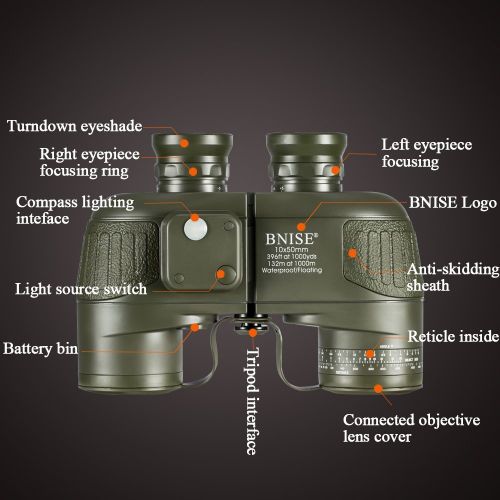  BNISE Military HD Binoculars for Adults, Navigation Compass and Rangefinder for Hunting, 10x50 Large Object Lens BAK4 Large View, Waterproof and Fogproof, with Harness Strap and Ne