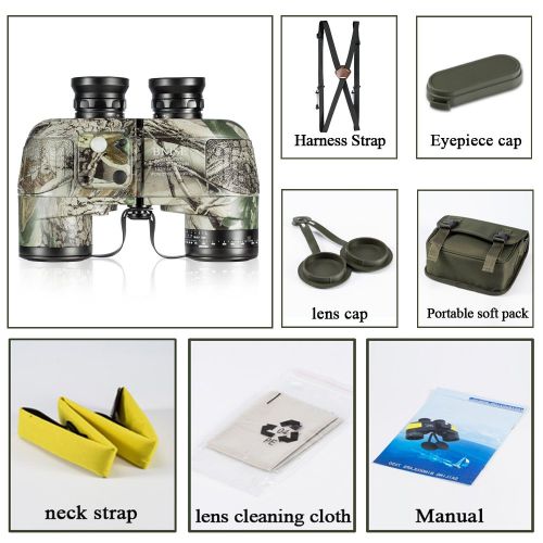  BNISE Military HD Binoculars - Navigation Compass and Rangefinder - 10x50 Large Object Lens BAK4 Large View - Waterproof and Fogproof - with Harness Strap and Neck Stap