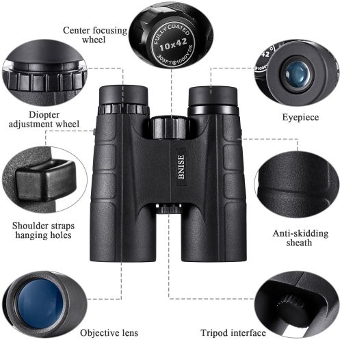  BNISE Binoculars for Adults Compact, 10X42 HD Professional, BAK4 Prism FMC Lens, Suitable for Outdoor Travel, for Bird Watching, for Hunting, Concerts, with Smartphone Adapter