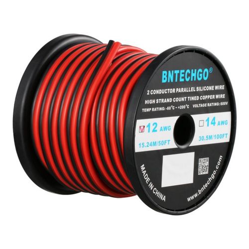  BNTECHGO 12 Gauge Flexible 2 Conductor Parallel Silicone Wire Spool Red Black High Resistant 200 deg C 600V for Single Color LED Strip Extension Cable Cord,Model,Lead Wire 50ft Str