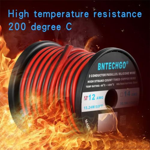  BNTECHGO 12 Gauge Flexible 2 Conductor Parallel Silicone Wire Spool Red Black High Resistant 200 deg C 600V for Single Color LED Strip Extension Cable Cord,Model,Lead Wire 50ft Str