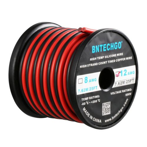  BNTECHGO 12 Gauge Flexible 2 Conductor Parallel Silicone Wire Spool Red Black High Resistant 200 deg C 600V for Single Color LED Strip Extension Cable Cord,Model,Lead Wire 25ft Str