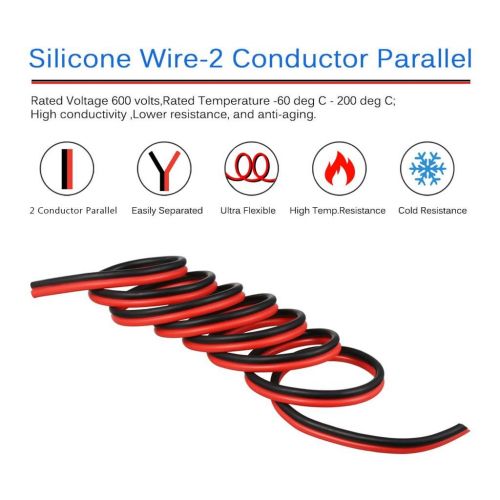  BNTECHGO 12 Gauge Flexible 2 Conductor Parallel Silicone Wire Spool Red Black High Resistant 200 deg C 600V for Single Color LED Strip Extension Cable Cord,Model,Lead Wire 25ft Str