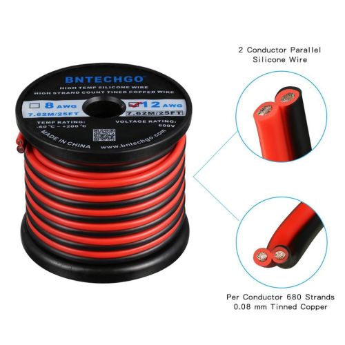  BNTECHGO 12 Gauge Flexible 2 Conductor Parallel Silicone Wire Spool Red Black High Resistant 200 deg C 600V for Single Color LED Strip Extension Cable Cord,Model,Lead Wire 25ft Str