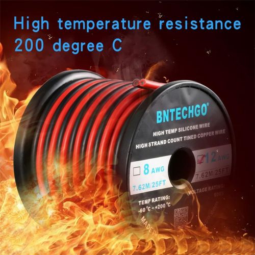  BNTECHGO 12 Gauge Flexible 2 Conductor Parallel Silicone Wire Spool Red Black High Resistant 200 deg C 600V for Single Color LED Strip Extension Cable Cord,Model,Lead Wire 25ft Str